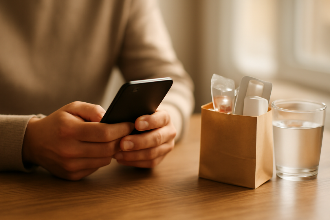 Tangan memegang ponsel sambil memesan obat di apotek online dengan paket obat di atas meja