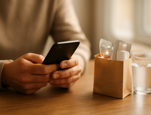 Tangan memegang ponsel sambil memesan obat di apotek online dengan paket obat di atas meja