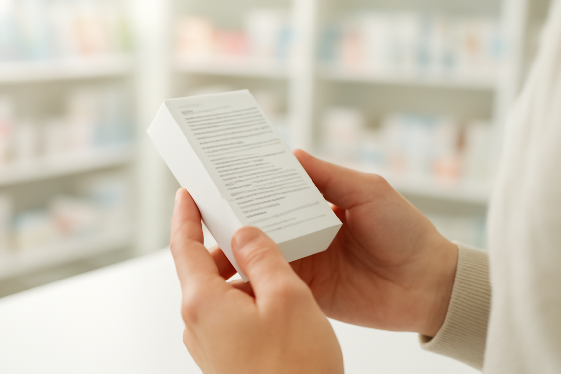 Tangan sedang membaca label pada kemasan obat di dekat meja apotek