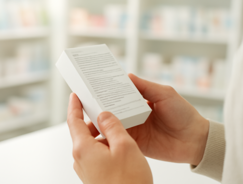 Tangan sedang membaca label pada kemasan obat di dekat meja apotek