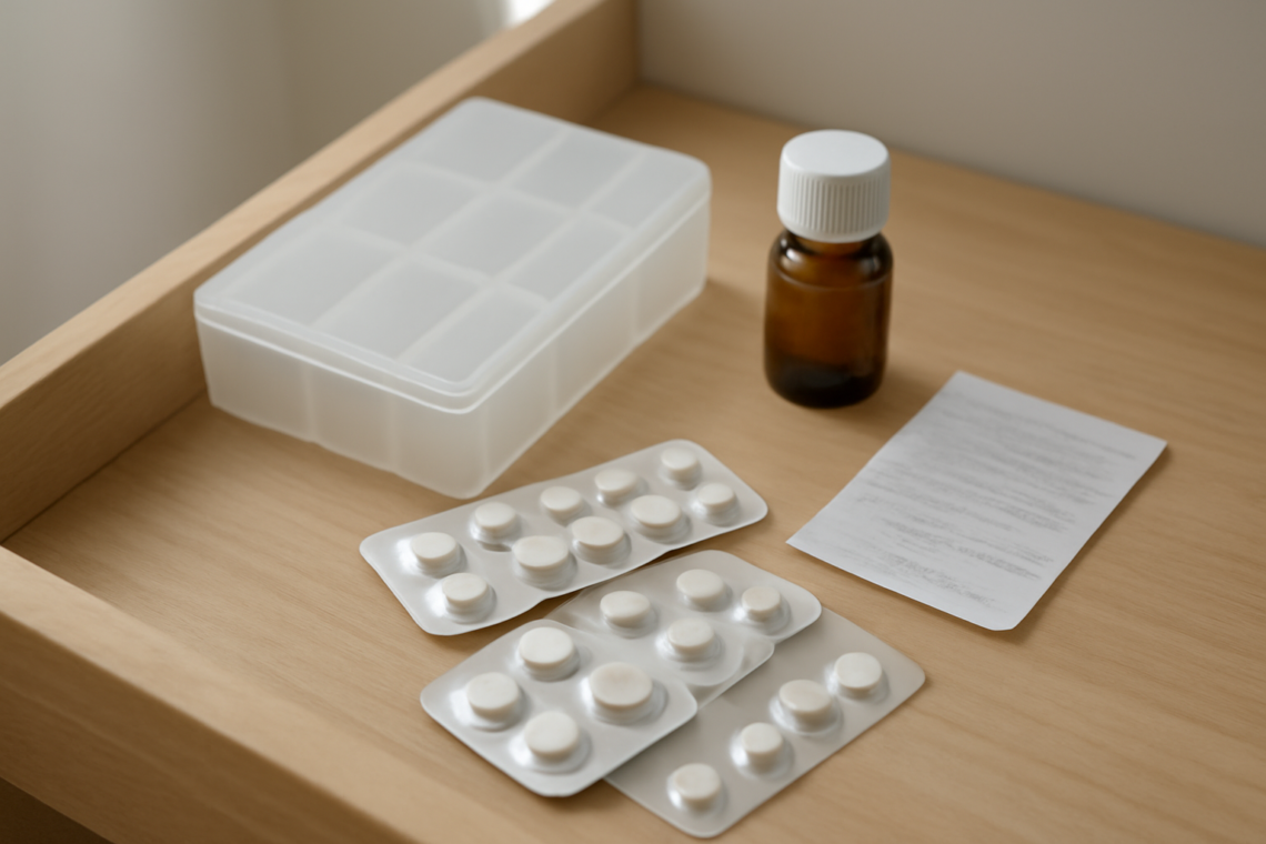 Kotak obat plastik dengan blister tablet dan botol sirup disimpan di laci kayu yang sejuk dan kering