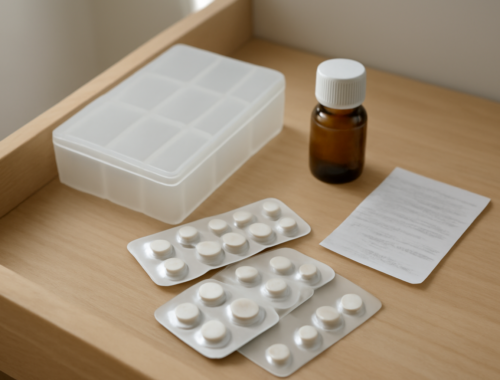 Kotak obat plastik dengan blister tablet dan botol sirup disimpan di laci kayu yang sejuk dan kering