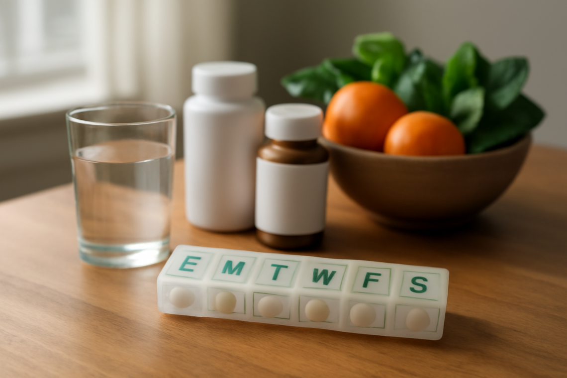 Suplemen vitamin, kotak obat mingguan, dan buah segar di atas meja kayu