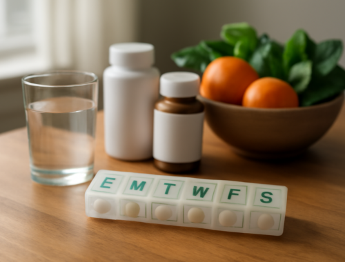 Suplemen vitamin, kotak obat mingguan, dan buah segar di atas meja kayu