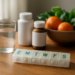 Suplemen vitamin, kotak obat mingguan, dan buah segar di atas meja kayu