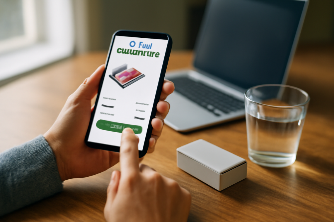 Tangan memegang ponsel saat akan membeli obat melalui apotek online dengan kotak obat di atas meja
