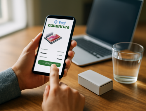 Tangan memegang ponsel saat akan membeli obat melalui apotek online dengan kotak obat di atas meja