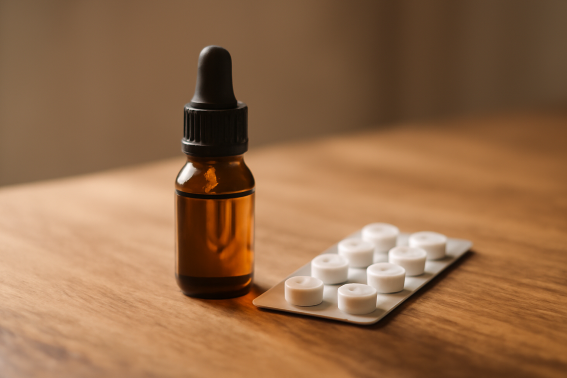 Botol minyak CBD dan blister obat nyeri di atas meja kayu