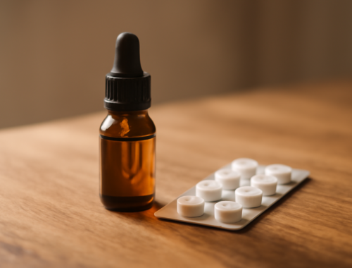 Botol minyak CBD dan blister obat nyeri di atas meja kayu