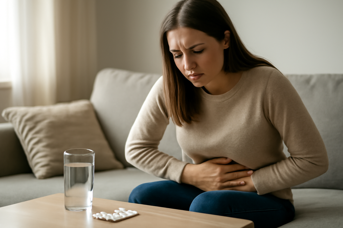 Wanita memegang perut bagian bawah yang nyeri, dengan obat pereda nyeri dan segelas air di meja