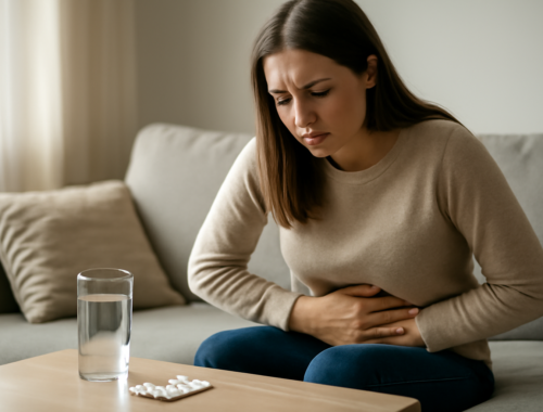 Wanita memegang perut bagian bawah yang nyeri, dengan obat pereda nyeri dan segelas air di meja