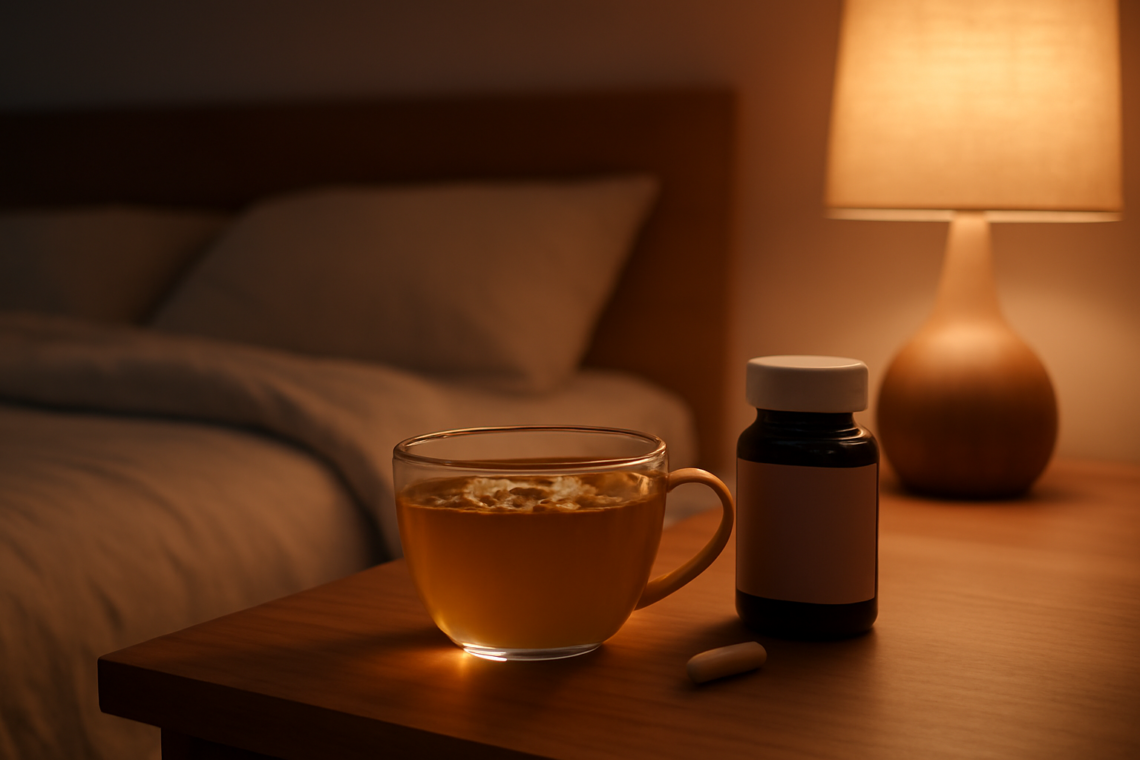 Perbandingan obat tidur alami: teh chamomile, suplemen melatonin, dan kapsul valerian di meja samping tempat tidur