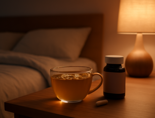 Perbandingan obat tidur alami: teh chamomile, suplemen melatonin, dan kapsul valerian di meja samping tempat tidur